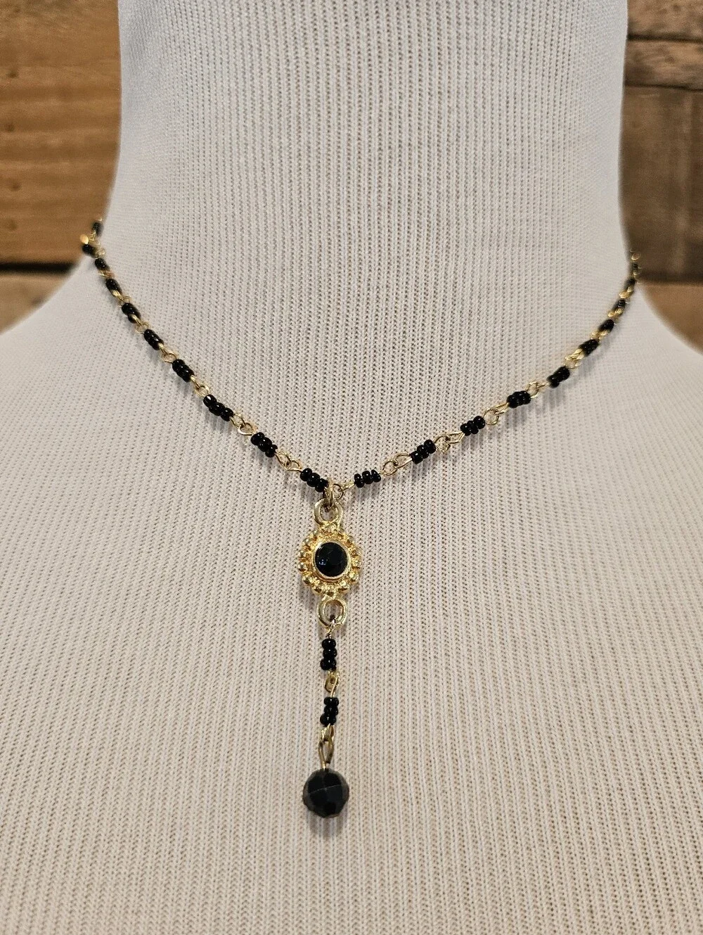 Gold & Black Beaded Y Necklace with Flower Pendant - Picture 1 of 5